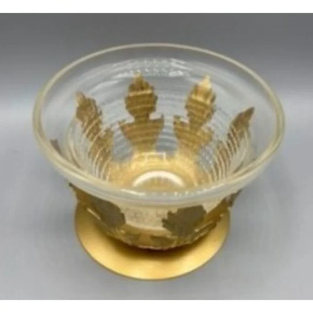Vtg Candle Holder Gold Leaf‎ Glass Art Deco Votive or Floating Candle